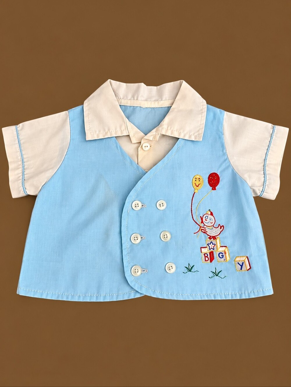 Vintage 1960s Light Blue Baby Button-Up Top with Embroidered Balloon Detail